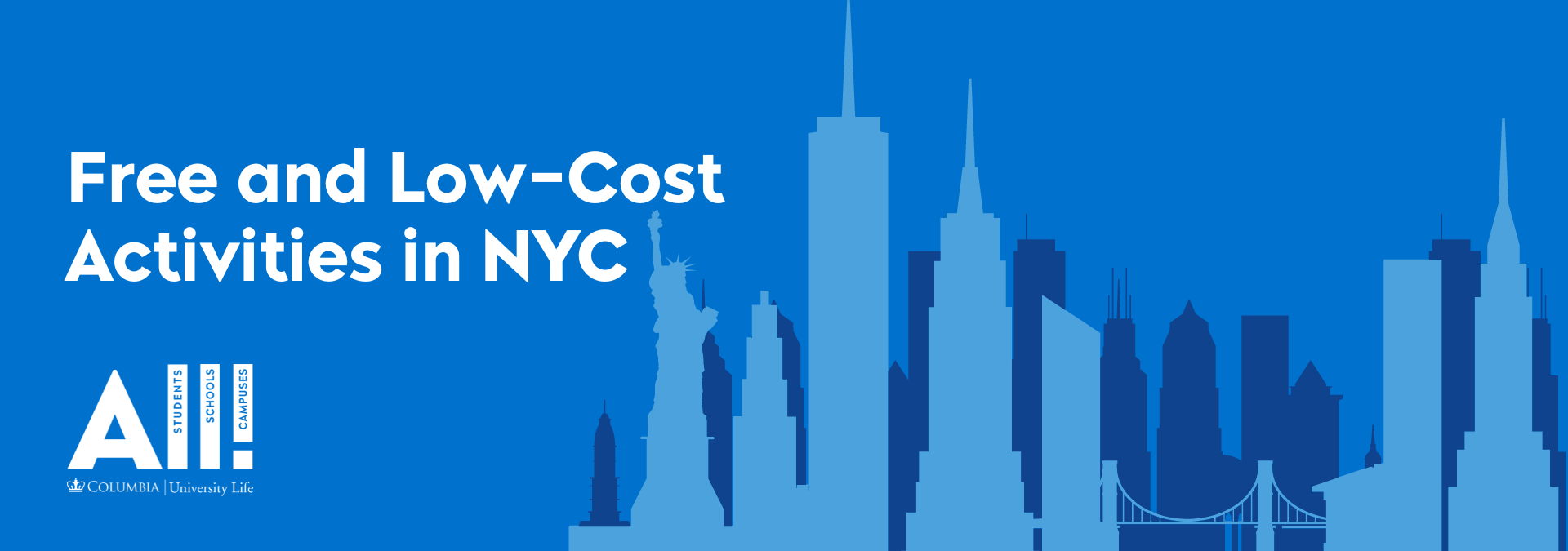 Text: Free and Low-Cost Activities in NYC on a blue background with a silhouette of the New York City skyline