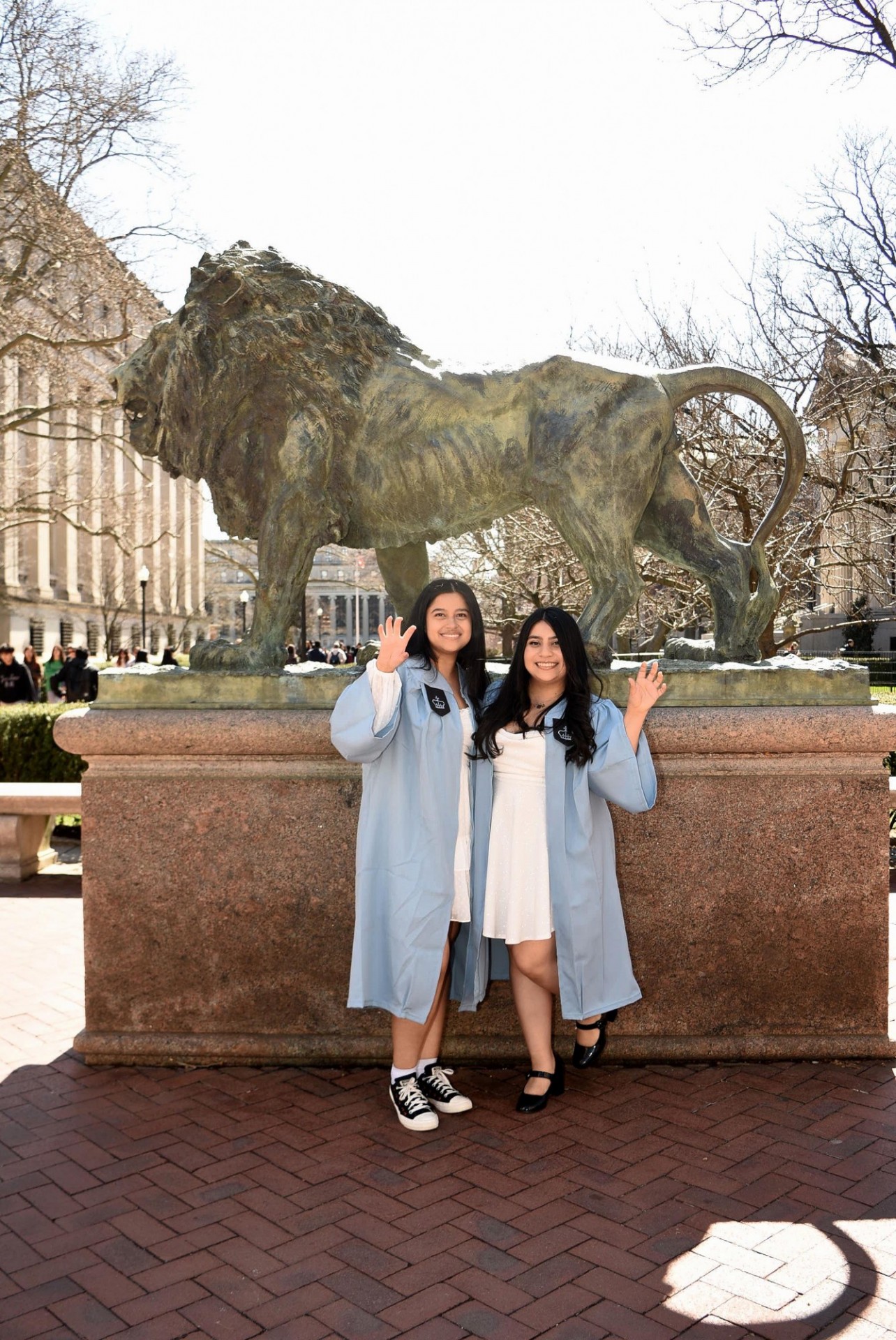 Maggie Salinas and the Lion Statue at Columbia University