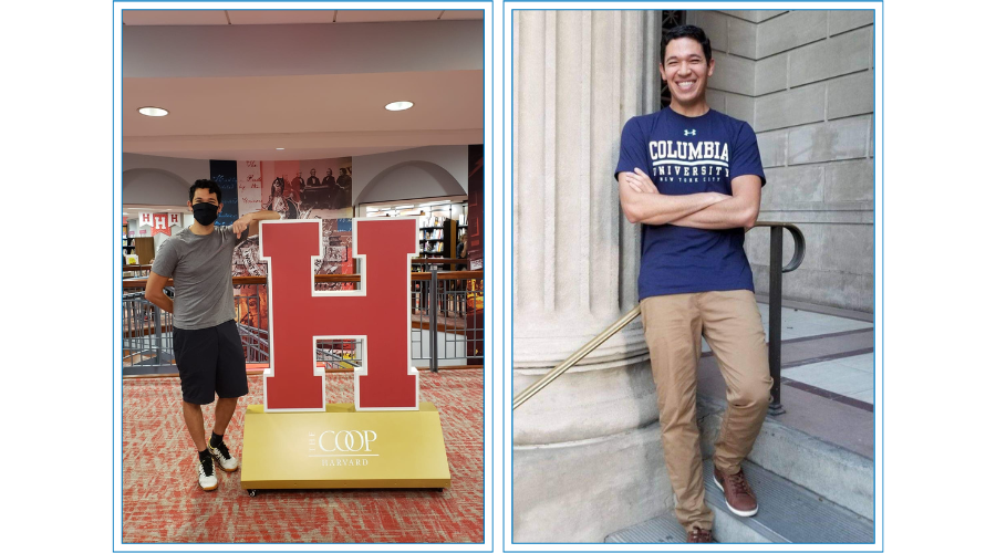 Two Photos of Julian Melo. Left: Julian stands by H in Harvard Bookstore. Right: Julian stands on steps at Columbia University.