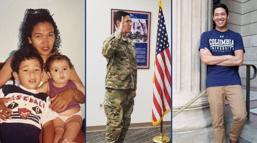 Three photos of Julian Melo. Left: Photo of Julian with his mom and his sister, Jessica. Center: Julian Taking Oath of Enlistment. Right: Julian stands on Columbia steps.