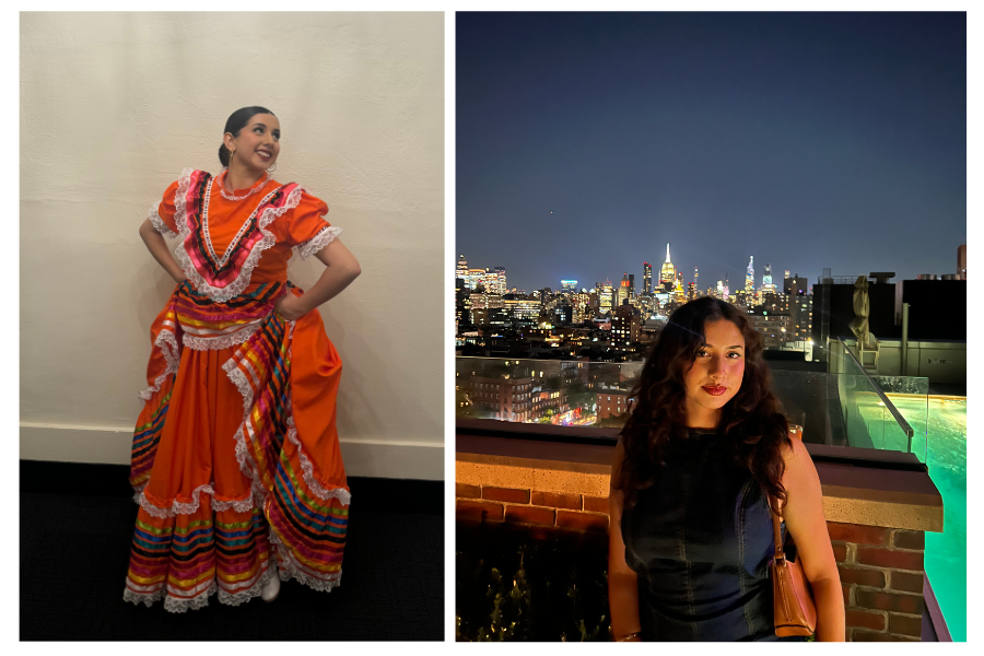 Rosa Figueroa in a cultural dress and in front of the city skyline