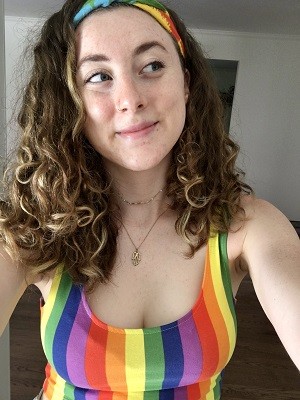 Haley wears a rainbow outfit
