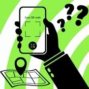 Image of hand holding phone and scanning QR Code. Green and white striped background