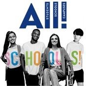 University Life ALL! Logo. Black and White photo of four students. Their shirts have colorful letters spelling out "Schools!"