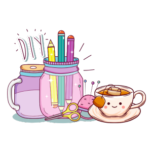 two mugs with coloring pencils with scissors beside them and a cup of tea with a smiling face on it