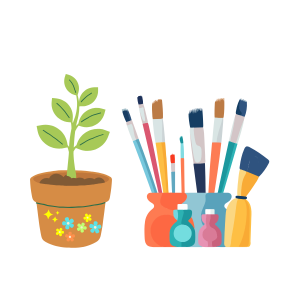 plant with flowers painted on the pot alongside several paint brushes