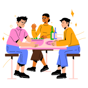 Animated graphic of three students sitting down around a table talking and enjoying food and drinks