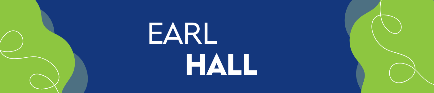 Navy blue background with green shapes and the text "Earl Hall"