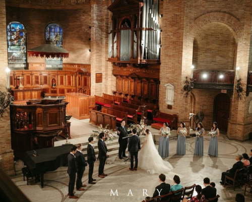 Bride, Groom, and Wedding Party in St. Paul's Chapel