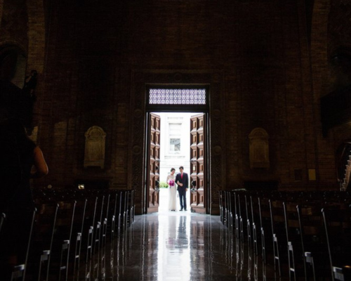 Couple Walks Down the Aisle Together in St. Paul's Chapel at Columbia University