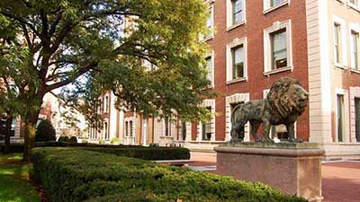 Columbia Lion statue in front of Havemeyer Hall