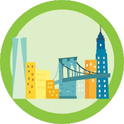 illustration of the nyc skyline on a green circle