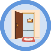 an image of an open door with a welcome mat on a blue circle