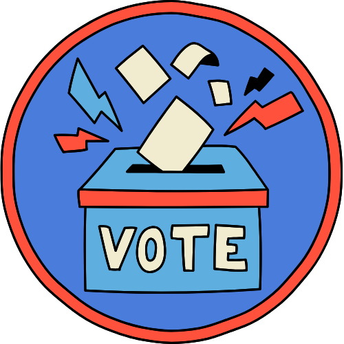 blue circle with a ballot box labeled "vote"