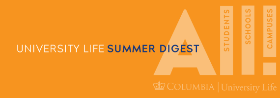 Orange background with a translucent University Life All! logo layered over. The main text says "University Life Summer Digest"