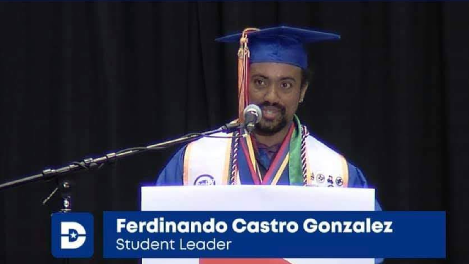 Ferdinando delivering the valedictorian speech at Dallas College's graduation. Ferdinando delivering valedictorian speech at Dallas College