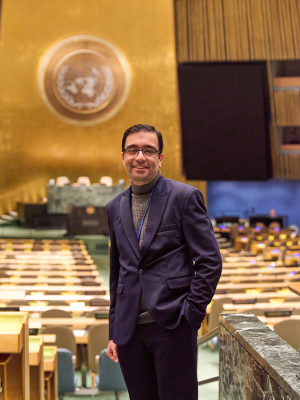 Photo by John Penney. Kourosh at the United Nations headquarters in 2022 when he received a fellowship from the Dag Hammarskjold Fund for Journalists. Kourosh at the United Nations headquarters