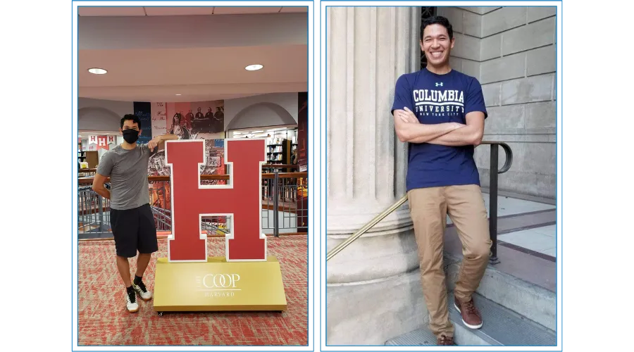 Two Photos of Julian Melo. Left: Julian stands by H in Harvard Bookstore. Right: Julian stands on steps at Columbia University.