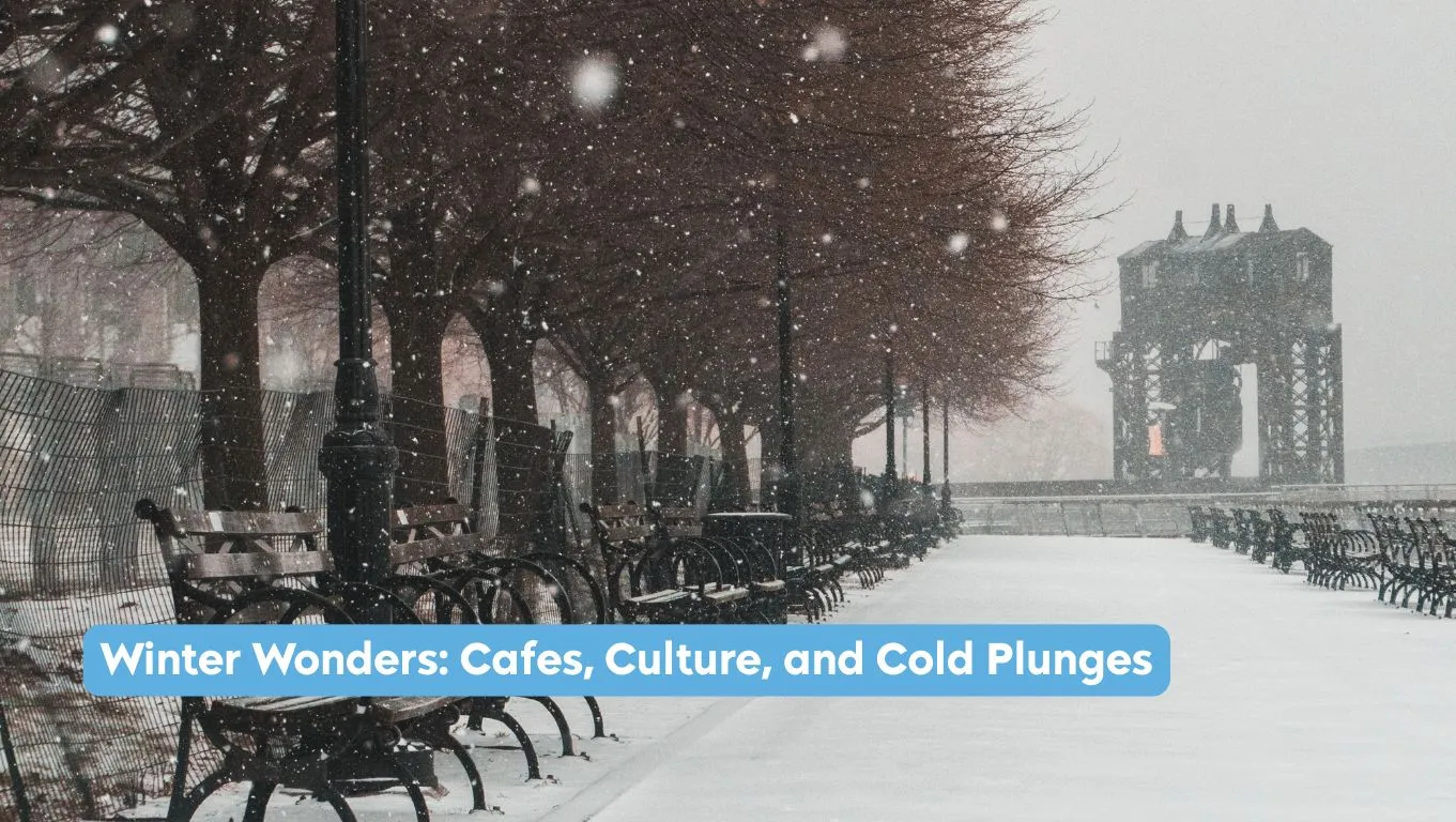 A a picture of a snowy park in NYC with text "Winter Wonders: Cafes, Culture, and Cold Plunges"