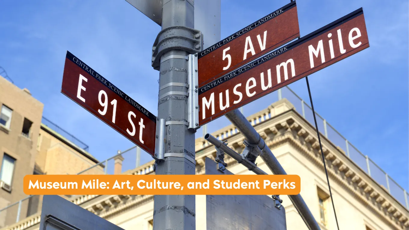 Street sign with Museum Mile, 5th Avenue, and E 91st street displayed