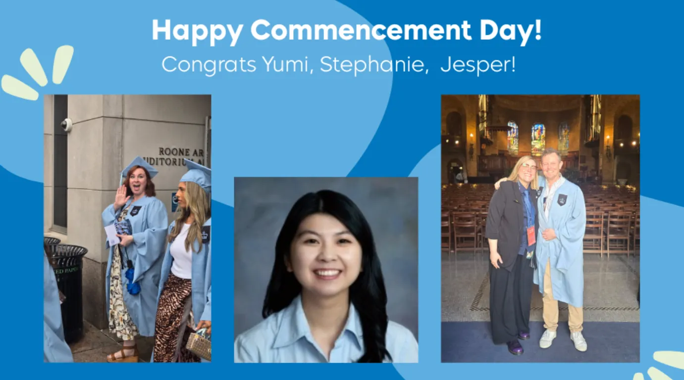 Happy Commencement Day text with photos of Jesper, Yumi, and and Stephanie 