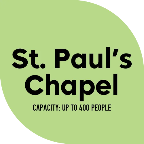 text: "st. paul's chapel, capacity: up to 400 people" on a light green background
