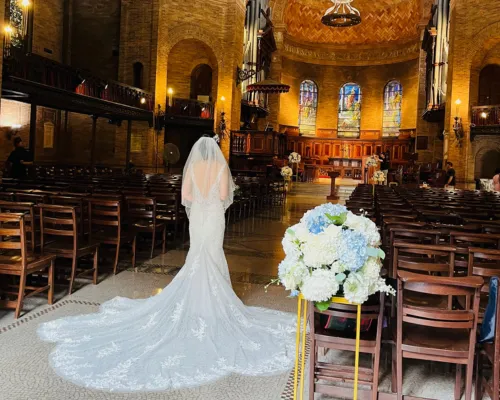 Bride Walking Down the Aisle in St. Paul's Chapel at Columbia University 