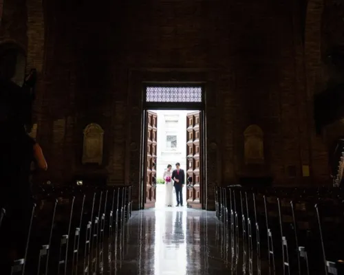 Couple Walks Down the Aisle Together in St. Paul's Chapel at Columbia University