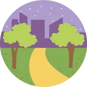 illustration of a path in a park with the silhouette of a city in the background