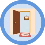 an image of an open door with a welcome mat on a blue circle