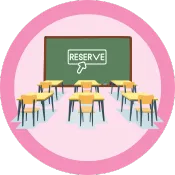 image of a classroom with a blackboard that reads "reserve" on a pink circle