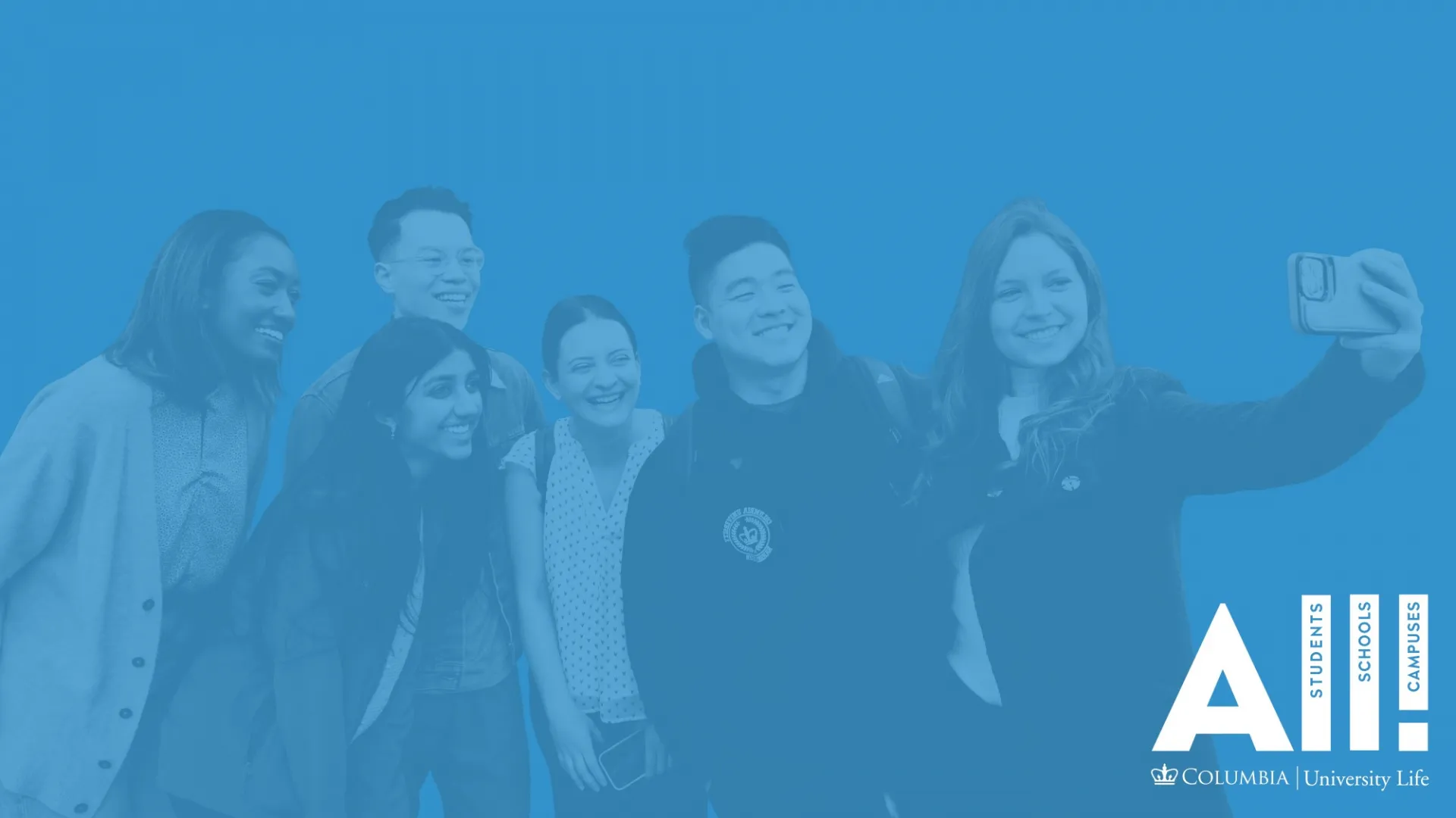 Photo of Students taking a selfie, medium blue overlay, ALL! logo