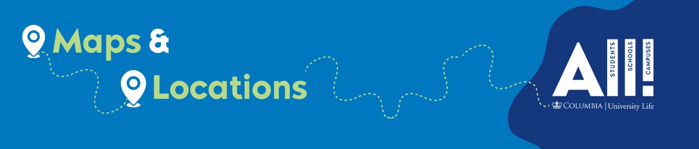 Background: Medium Blue, Text: "Maps & Locations" with a dotted line connecting to map points and the University Life logo
